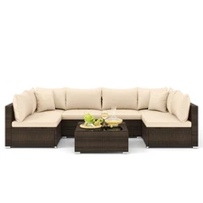 Patio 7 PCS Rattan Furniture Set Sectional Sofa Cushioned Garden Beige