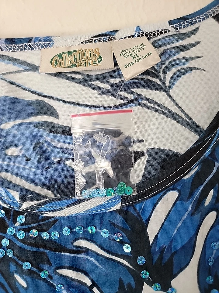 Colecciones etc. Camiseta XL Azul Tropical Lentejuelas Sharkbite Ropa de Crucero Algodón Nueva Foto 4 de 4
