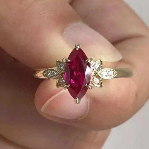 2.5 CT Marquise  Lab-Created Ruby Women Engagement 14k Yellow Gold Plated Ring