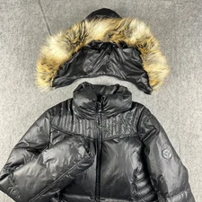Guess Womens Black Puffer Jacket Faux Fur Hood Down Fill Winter Coat Size Large
