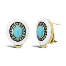 Carlo Viani 14K Yellow Gold Turquoise Cabochon White Agate Diamond Stud Earrings