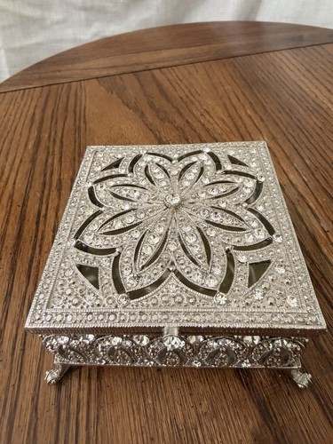 Christian Siriano Silver Rhinestone Crystal Jewelry Trinket Box Hinged Floral