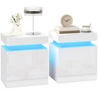HOMCOM High Gloss Bedside Table with LED Light & 2 Drawers, Set of 2, White