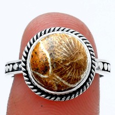 Natural Flower Fossil Coral 925 Sterling Silver Ring s.7.5 Jewelry R-1066