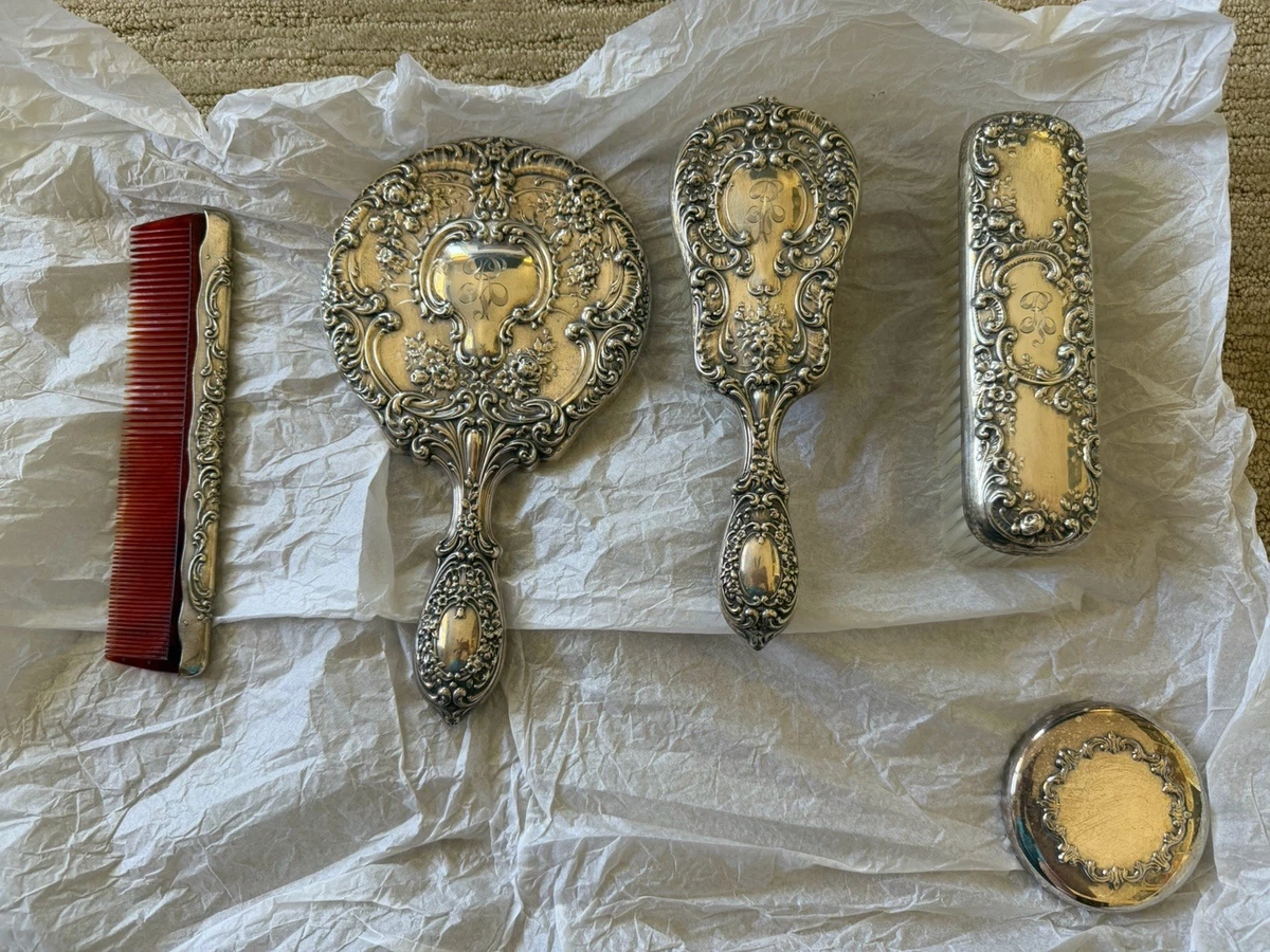 Gorham Silver Mirror In Antique Us Sterling Silver Brushes