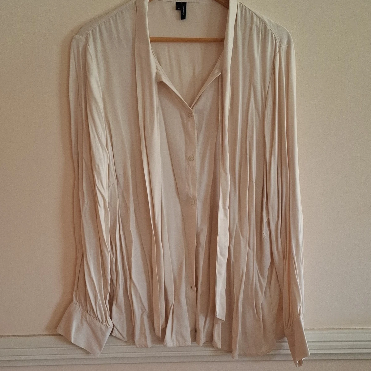 Vero Moda Beige Solid Collared Button Front Long Sleeve Blouse Polyester 14