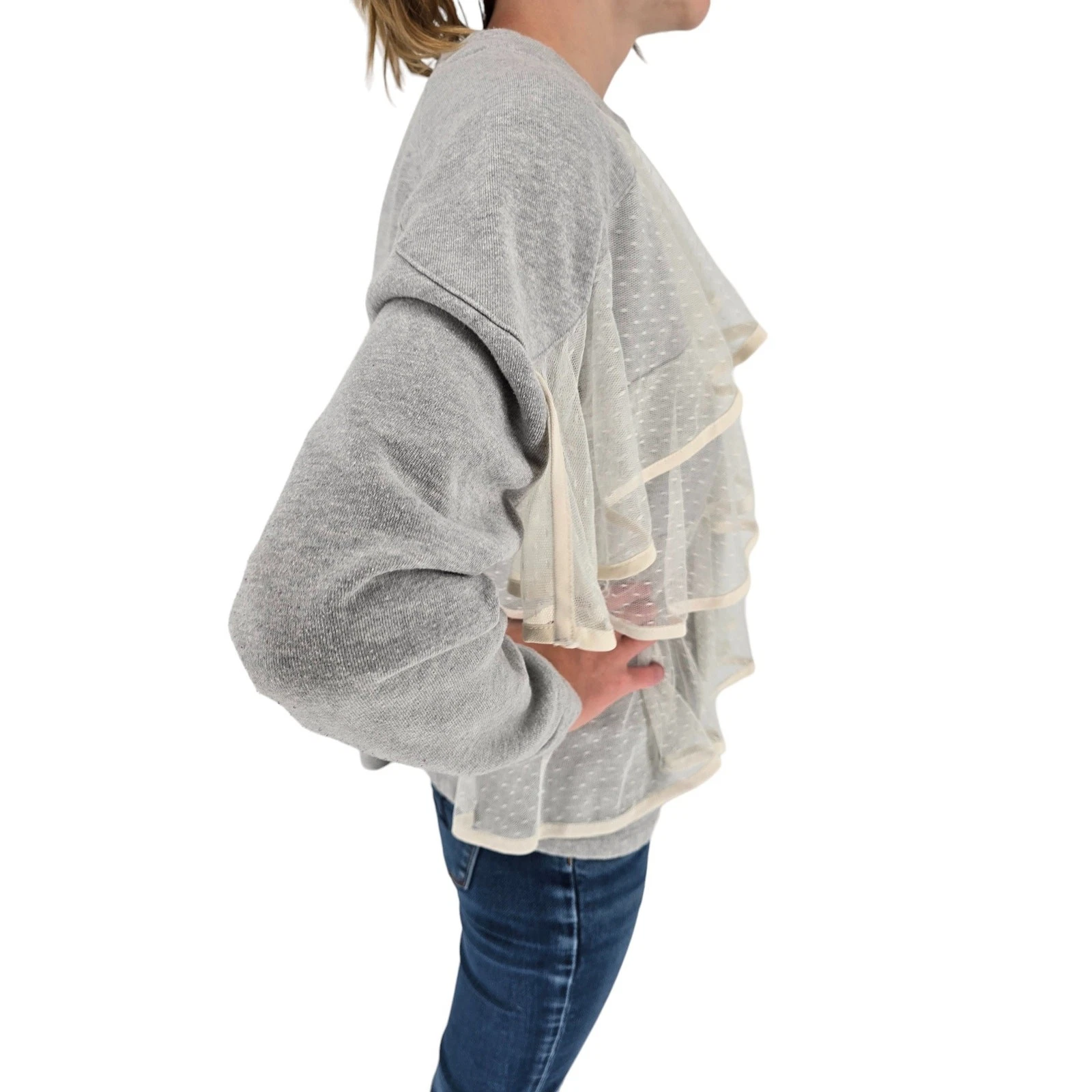 OFF WHITE Felpa girocollo Chelsea 28 donna taglia M pizzo a strati davanti grigio panna