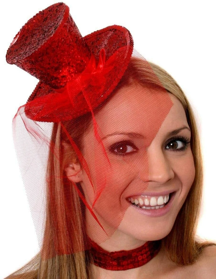 MINI GLITTER TOP HAT HEADBAND VEIL LADIES BURLESQUE HEN NIGHT PARTY FANCY DRESS - Image 3 of 4