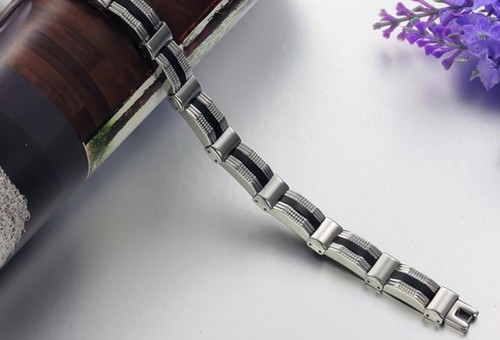 Men's Stainless Steel 316L Black Silicone Stripe Link Bracelets 8.75" - Foto 3 di 4