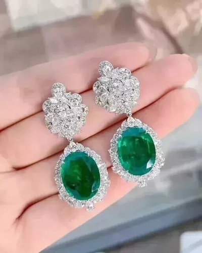 3.20Ct Oval Cut Natural Emerald Women Drop/Dangle Earrings 14K White Gold Plated - Picture 2 of 6