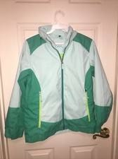 LL Bean Youth Jacket Medium 10/12 Blue Green with hood Lightweight Kids Zipper