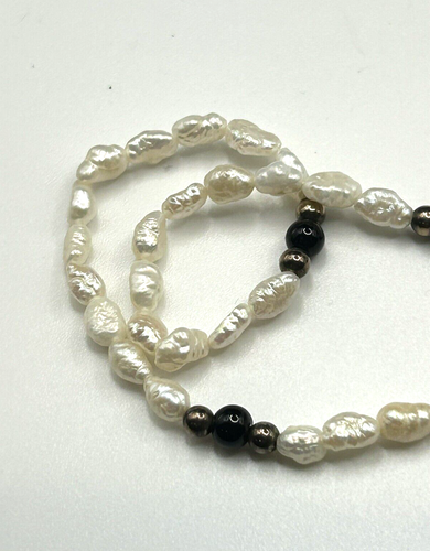VTG 30" Rice Pearl/Black Onyx Beaded Chain Necklace 14KGP Clasp - Picture 5 of 5