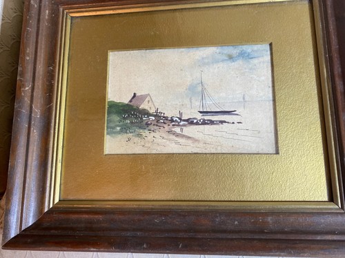 Antique "Coastal Landscape Scene" Watercolor Painting - Framed - Picture 5 of 14
