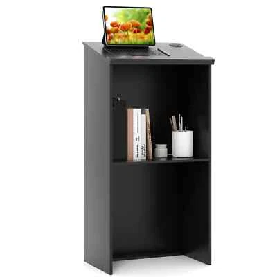 COSTWAY Wooden Podium Stand Pulpit Lectern Hostess Stand for Speakers with Storage Shelf