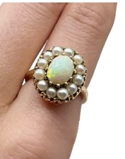 Vintage 2Ct Oval Cut Natural Fire Opal & Pearl Women's Ring 14K Yellow Gold Over