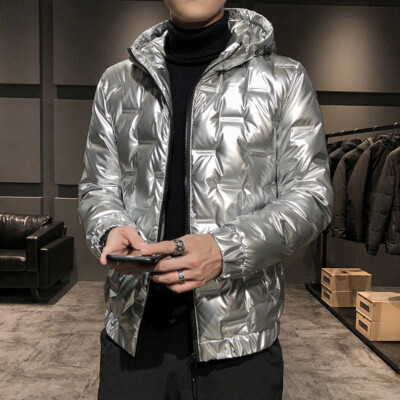 ★SATUR★ Leche Two Tone Duck Down Padding Glitter Gray Men Duck Down Jacket Quilted Hooded Glossy Puffer Outwear