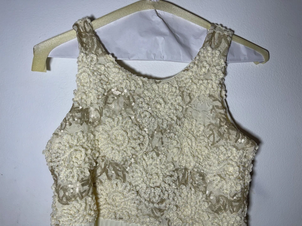 SoPrano 女孩连衣裙米色无袖背心打褶拉链 14 码金色亮片 — 第 4/4 张图片