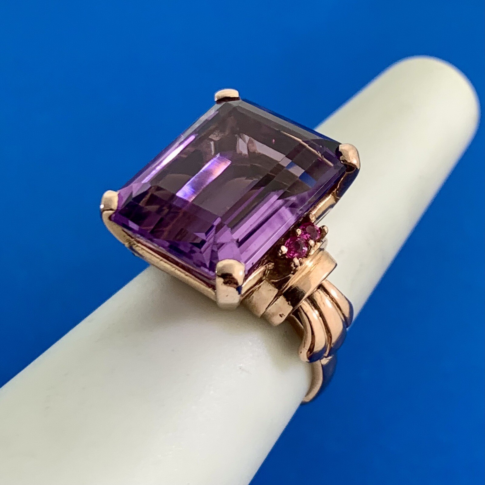 Estate Emerald Cut Amethyst Ruby Accents 14K Rose… - image 3