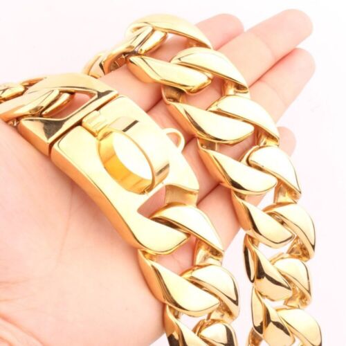 Big Dog Chain Gold Cuban Luxury Designer 32mm Large Collar Solid Stainless Steel - Picture 5 of 40