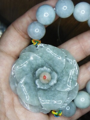Fine Natural Type A Jadeite Jade Rose flower Pendant handmade beads bracelet 