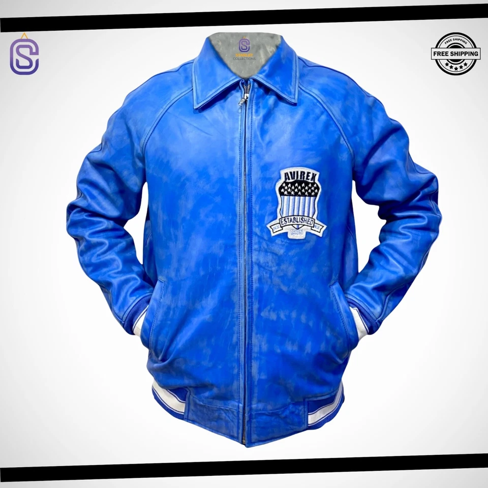 Chaqueta de cuero azul Avirex Real Bomber American Flight para hombre | Regalo para él