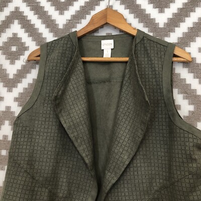 Chicos Size Medium Olive Green Faux Suede Open Front Flyaway Vest