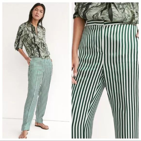 New With Tags Massimo Dutti Womens Green Striped Straight Pants Size 2