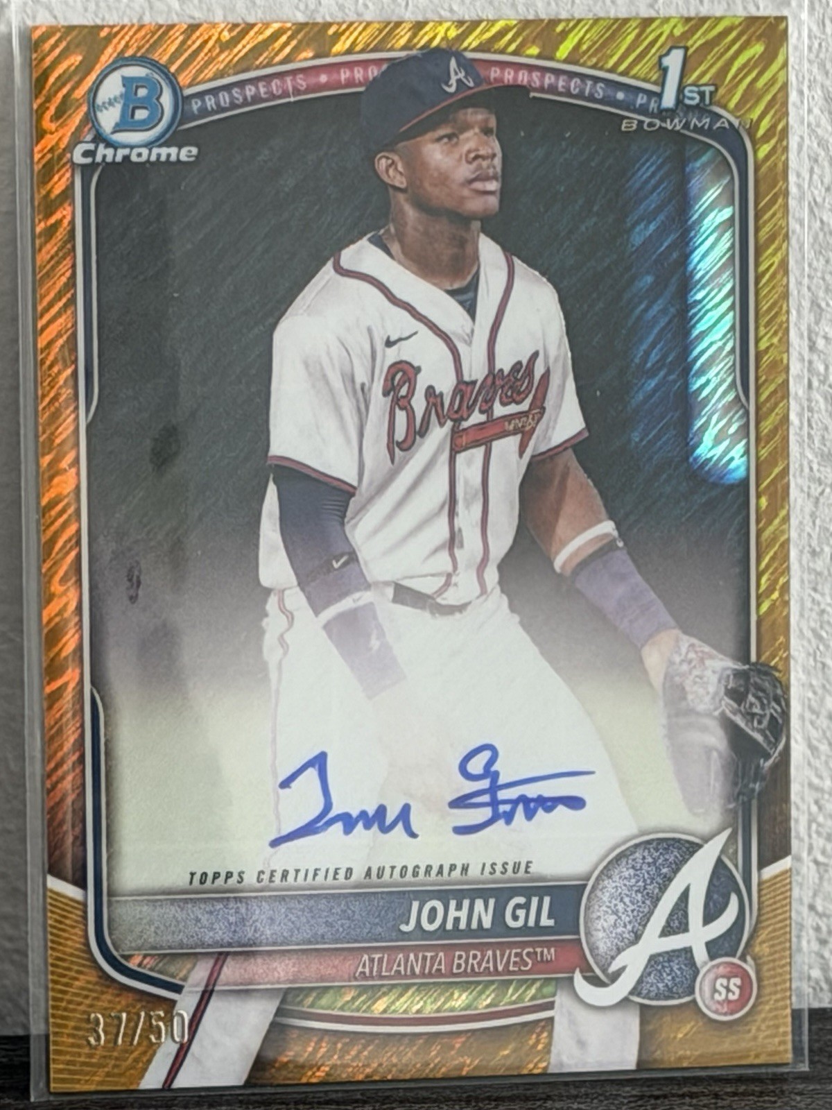 2025 Bowman Chrome John Gil 1st Bowman Auto Gold Shimmer /50 Braves CPA-JG