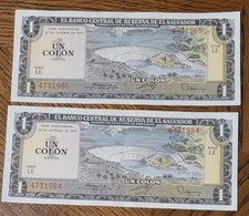 El Salvador 1 colon 1976.  x2 consecut. XF/aUNC  banknote. Rare pair.