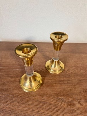 Gold Metal And Acrylic Candle Holders Pair   5.75'' Modern Table Centerpiece Deco