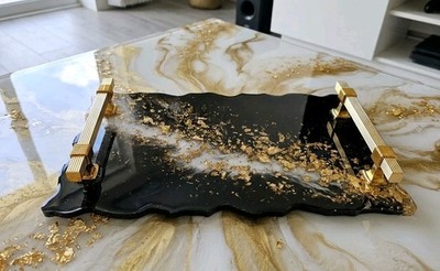 Luxus Schwarz Gold Harz Serviertablett mit Griffen Couchtisch Dekor Geschenk