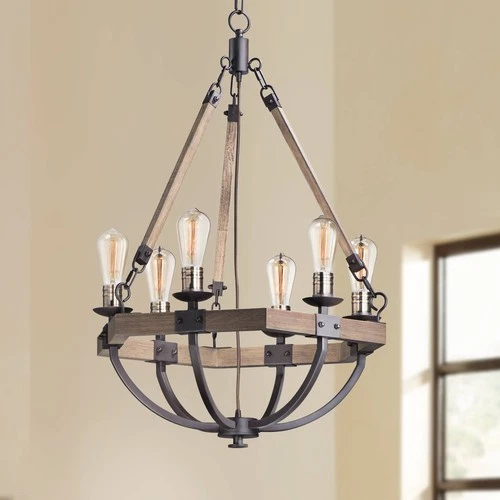 Maxim Lodge 24" Weathered Oak and Bronze Rustic 6-Light Chandelier - Picture 1 of 6