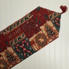 Vintage Christmas Holiday JOY Patchwork Tapestry Tassel Table Runner 36" 3FT