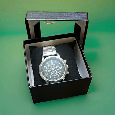 MODIYA Quartz Chronograph Tachymeter Black Dial 200m SS Bracelet w/ Box