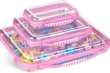 3 Pack Pink Extra Large Zippered Hard Shell Pouch,Clear Plastic Case,Hard Sid...