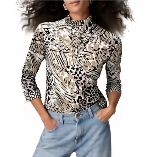 CHICO'S Full Zip Stretch Jacke Abstract Animal Braun Hellbraun mit Taschen Gr. 0 = SMALL