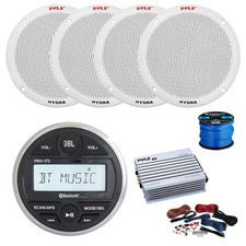 JBL Marine Gauge BT Stereo Receiver, Amp w/Kit, 4X 6.5" 400W White Speakers,Wire