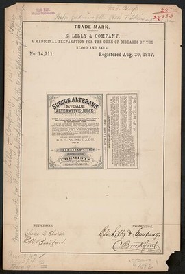 E Lilly Company 1887 Trademark Registration Succus Alterans McDade Juice