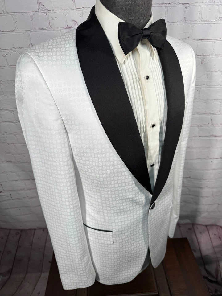 NUEVO ALFANI Para Hombres Blanco FLORAL SLIM FIT Esmoquin 2 Piezas Traje TUX 38L Chaqueta 32x30 Pantalón Foto 4 de 4