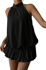 SweatyRocks Women's Y2k Backless Ruffle Bubble Going Out Halter Mini Dress