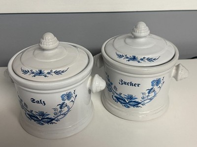 Two Vintage Jager Eisenberg Kitchen Porcelain Pots White w/Blue Flower Print