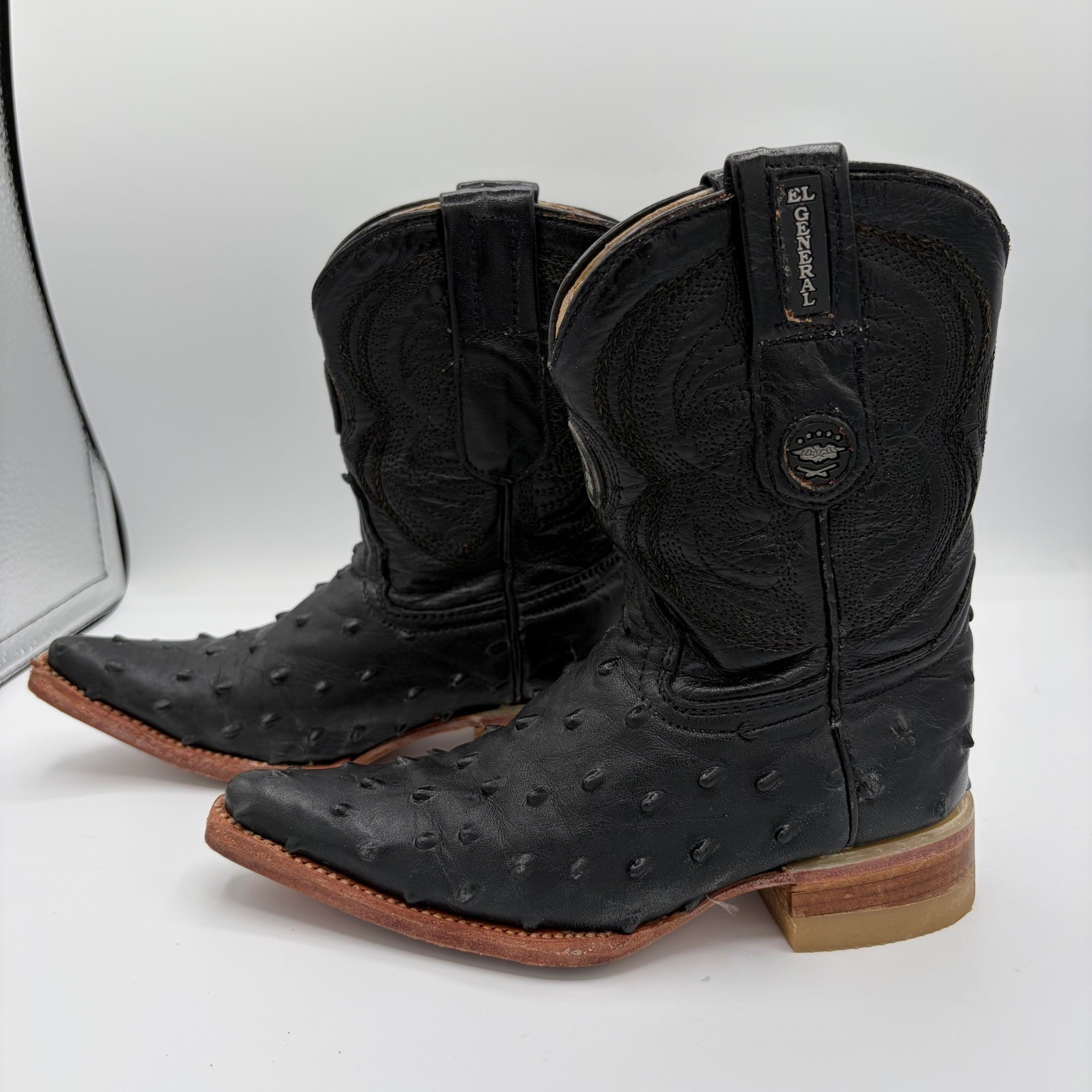 El General Toddler Kids 8.5 Black Leather Ostrich Print Square Toe Cowboy Boots