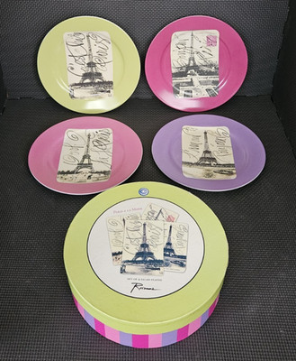 4 BNIB Rosanna Eiffel Tower Paris Postcards Dessert / Salad  Plates  8'' FREESHIP