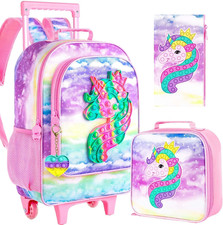4PCS Rolling Backpack for Girls, Kids Unicorn Roller Backpacks with Wheels for K