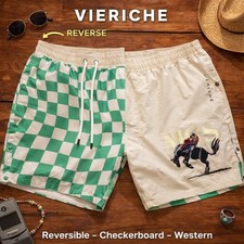 Vieriche Reversible Swim Trunks Shorts Mens XL Tan Checkered MCS Streetwear
