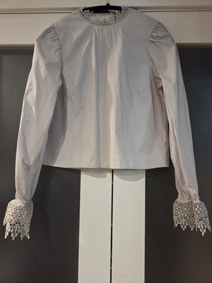 H&M Crochet Lace Cuff Blouse Top M Ivory Puff Sleeve Back Tie Victorian Style