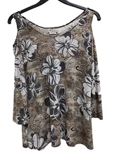 All Hours Womens Tunic Top Medium Brown Floral Cold Shoulder Textured Stretch