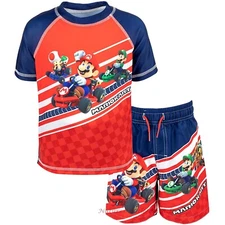 NWT Mario Kart Swimsuit Boys Swim Trunks Rash Guard Shirt Size 4-10/12 Super Set