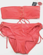 Hula Honey Coral Orange Tie Swimsuit Bikini 2 pc Sz XL w/ extra straps Macey's