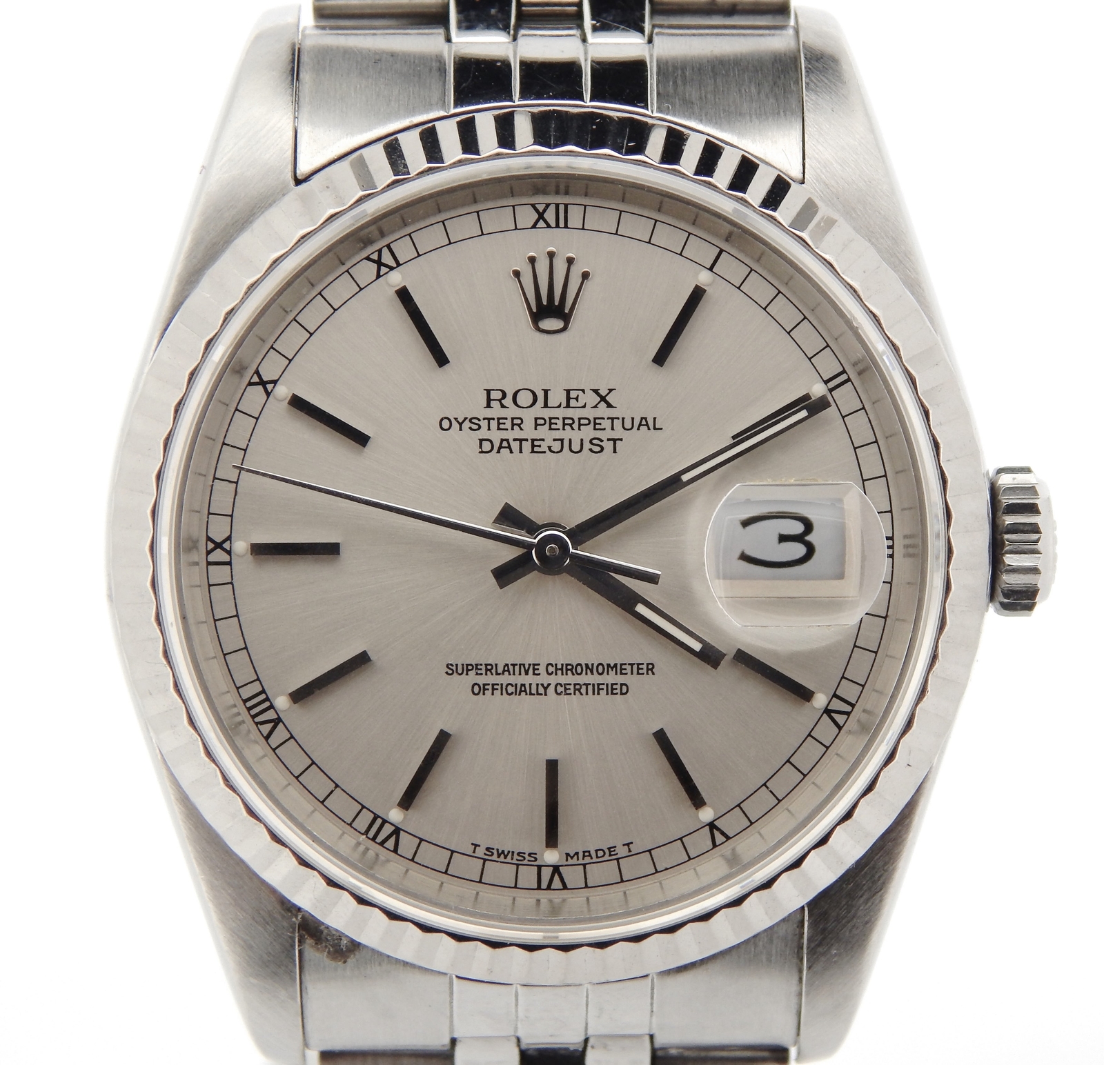 Mens Rolex Stainless Steel/18K White Gold Datejust Silver w/Jubilee Band 16234